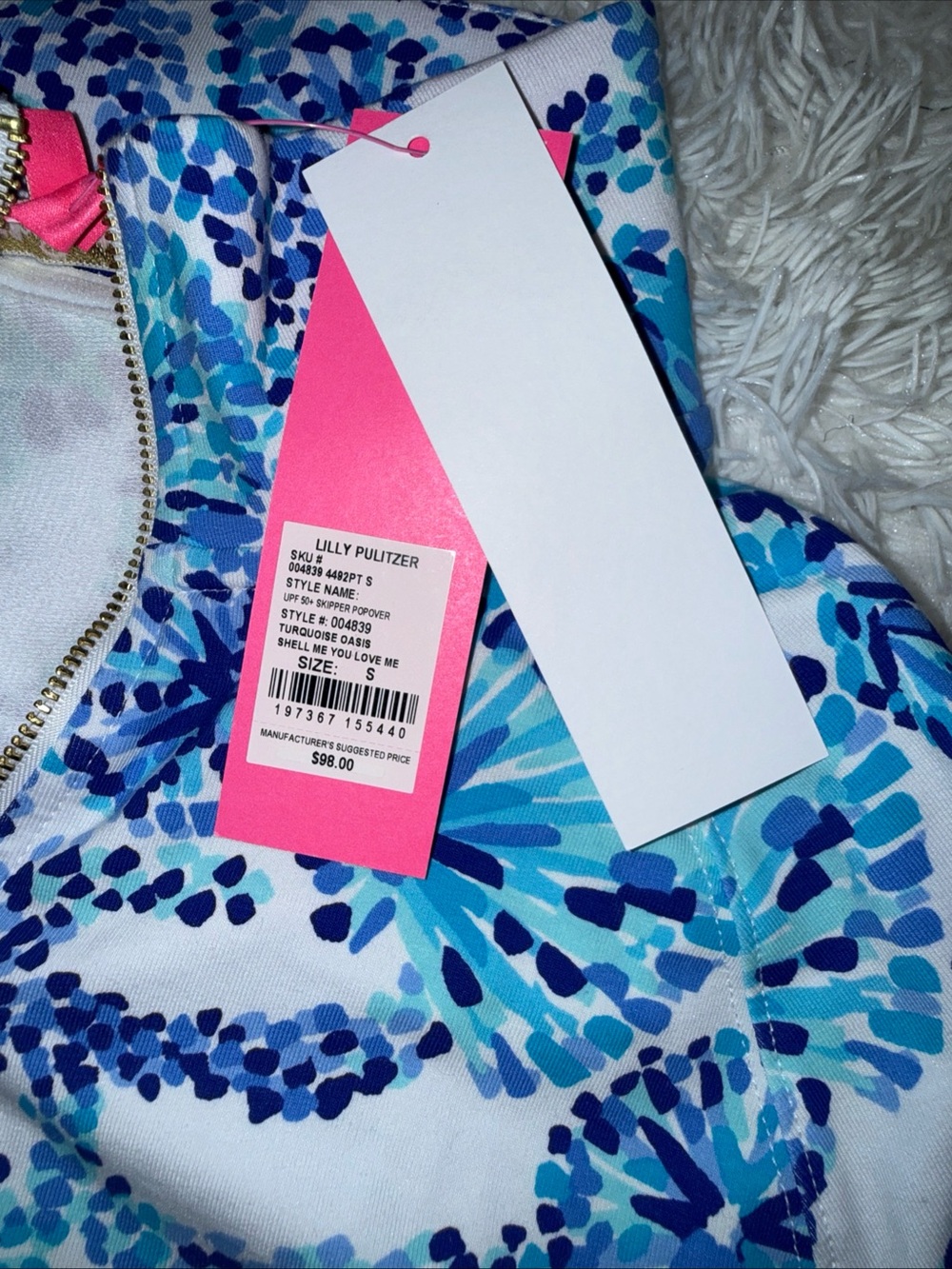 Lilly Pulitzer UPF Skipper Popover Turquoise Oasis Shell Me You Love Me - Picture 4 of 4